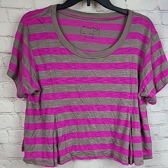 Free People Super Soft Crop Top Pewter Purple Striped Pleated T-Shirt Casual Tee - Picture 6 of 10